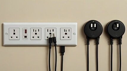 Electrical outlets with various plugs and cables connected.
