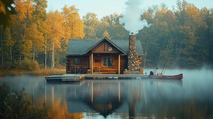 Fototapeta premium Log Cabin by the Lake with Fishing Poles and Canoe