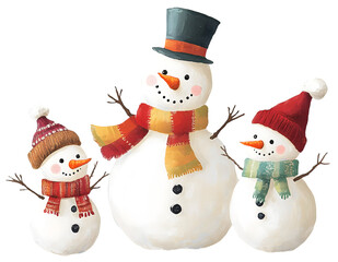 Snowman Family Top Hat Two Smaller Snowmen Transparent Background Cutout