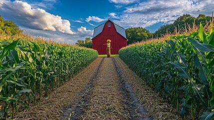 Countryside Farm with Red Barn, Cornfield, and Scarecrow Ready for Harvest