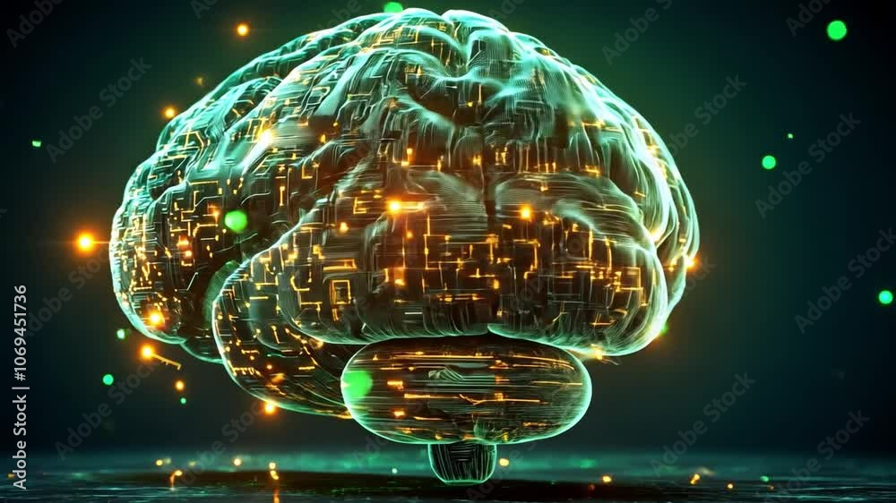 Poster digital brain visualization with glowing circuits representing artificial intelligence technology