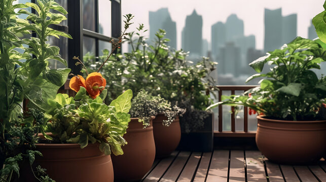 A balcony with terracotta pots of various plants. City skyline in the background.