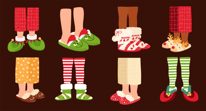 Set of Christmas pajama party legs in sleepers and boots. Hand drawn vector illustration.