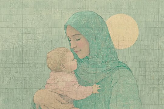 Mother in Hijab Embracing Her Baby in Gentle Illustration. An illustrated moment of a woman with light skin wearing a teal hijab, holding her baby close with tender expressions of love.
