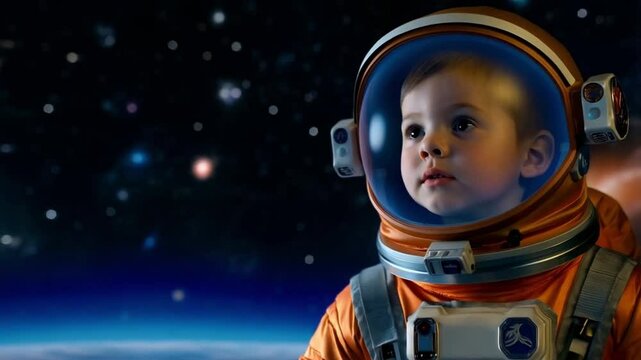 Close up kid wearing an astronaut suit against an outer space background. 4k video footage