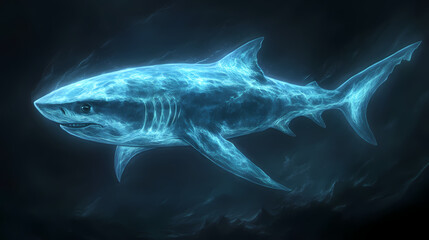 Obraz premium A photorealistic depiction of a bioluminescent shark swimming in the deep ocean, its body glowing with an ethereal light against the inky blackness. Ethereal. Illustration