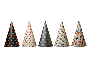 Colorful party hats lined up on a gray background, perfect for celebrations and festive occasions. Great for advertising birthdays and events.