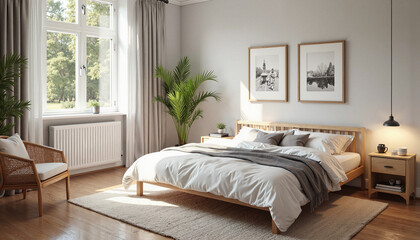 Bright modern bedroom with wooden furniture and plants