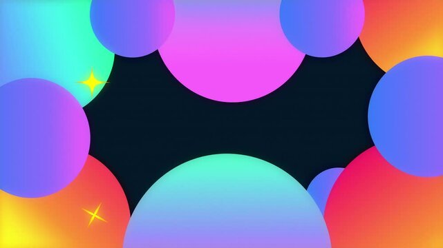 Bright colorful spheres and sparkles form a vibrant backdrop.