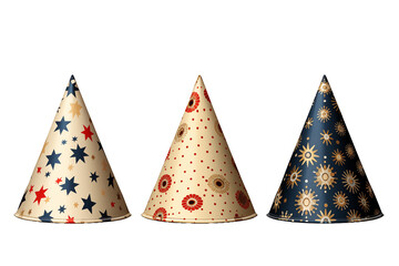 Three colorful party hats in various patterns, perfect for celebrations and festive occasions.