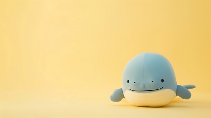 Fototapeta premium Soft and cuddly kawaii whale plush placed on a simple pastel yellow backdrop with even lighting making the plushie the star of the image
