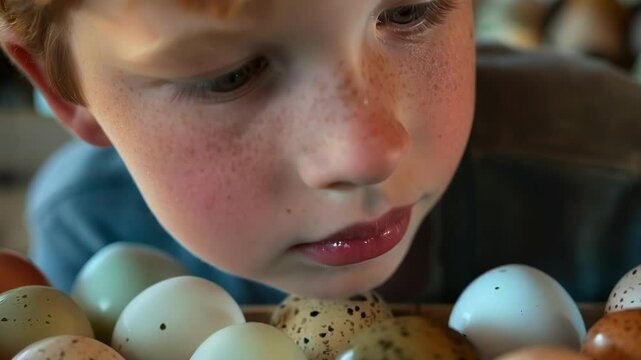 Young boy with freckles is looking intently at a variety of colorful fresh eggs, potentially contemplating the miracle of life and nature's bounty