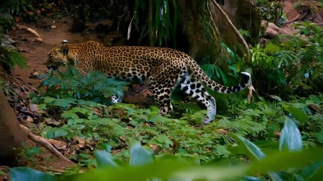a cute leopard animal in the jungle, scary, Leopard walking in the jungle, footage, 4k footage, videos, video clip, slow motion, 4K, short video