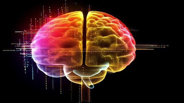 Colorful digital representation of a brain with sound waves emanating from it in a dark background