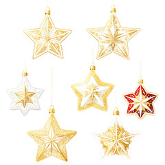 Naklejka premium Christmas Gold and red stars hanging on transparent background