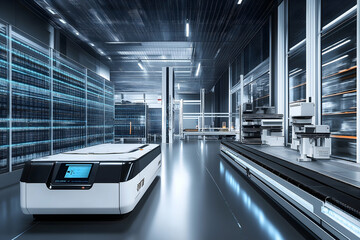 A modern, high-tech facility featuring robotic equipment and advanced storage solutions, embodying innovation and automation in a sleek environment.