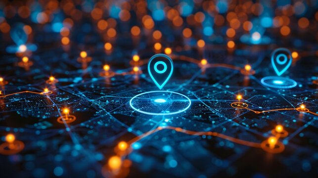 Digital GPS, neon map pin location.  Innovation navigation technology concept, network connection, information pointers
