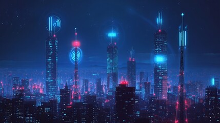 Cyberpunk Cityscape with Neon Lights and Towers