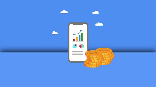 Financial chart on phone with gold coins. Suitable for financial blogs, articles, presentations, and marketing materials related to profit and investments.