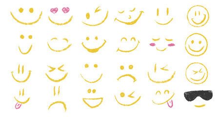 Doodle chalk emoji face icon set. Textured kids hand drawn sketch different emotion emoticons. Mood, happy, sad, love, smiley face with tongue. Pencil crayon drawing comic isolated vector illustration