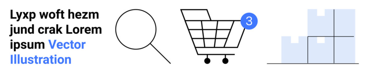 Magnifying glass, shopping cart with notification, and warehouse storage shelves. Ideal for online shopping, inventory management, e-commerce platforms, logistics, retail, and customer service