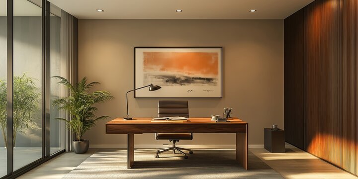Modern minimalist home office interior with desk, chair, and painting
