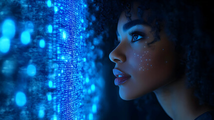 Woman Looking at Blue Digital Code Illustration