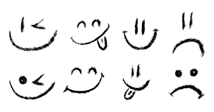 Naklejki Doodle chalk emoji face icon set. Textured kids hand drawn sketch different emotion emoticons. Mood, happy, sad, smiley face with tongue. Pencil crayon drawing comic isolated vector illustration