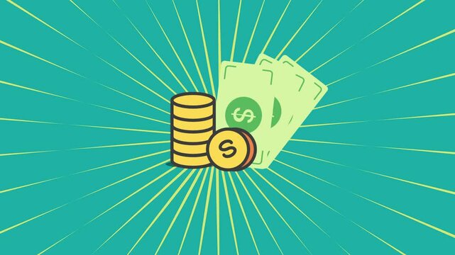Gold coins and bills against teal background, ideal for financial concepts, banking, wealth management, and investmentthemed designs.