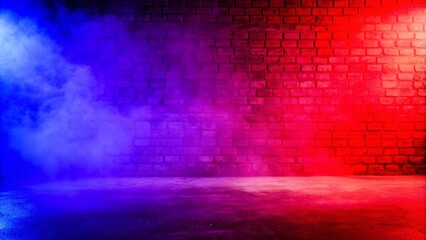 A vibrant red and blue smoke cloud billows in front of a textured brick wall in a dimly lit studio space.
