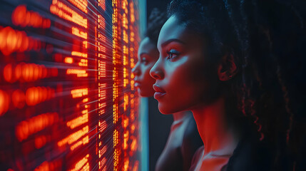 Red Light, Digital Display,  Two Women Looking At Screen - Illustration