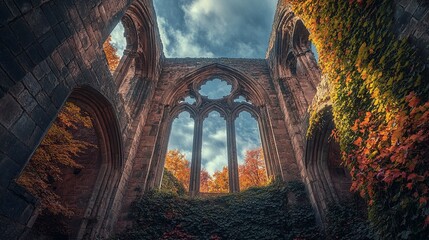 Fototapeta premium Abandoned Stone Abbey with Arched Windows and Ivy Growth
