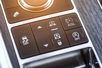 Inside the car.Car interior operation button.Vehicle interior.Dashboard, inner workings of a car.