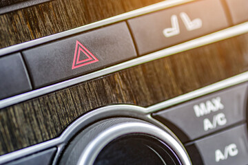 Inside the car.Emergency stop button in car.Dashboard, inner workings of a car.