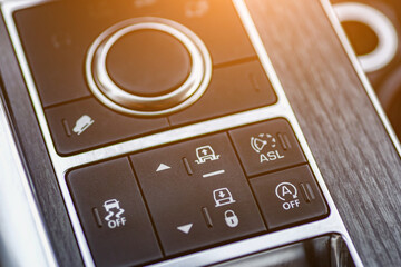 Inside the car.Car interior operation button.Vehicle interior.Dashboard, inner workings of a car.