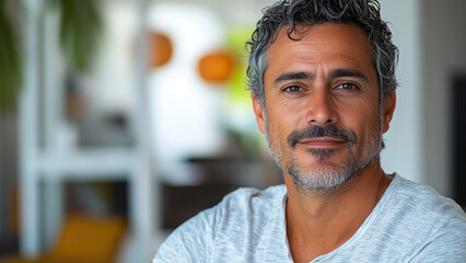 Fototapeta premium Smiling Portrait of Middle-Aged Man with Gray Hair and Beard in Casual Setting