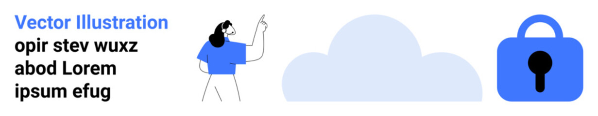 Character pointing at floating cloud with text on left. Large blue cloud icon in center. Blue padlock on right. Ideal for cloud storage, data security, privacy, digital protection, online services