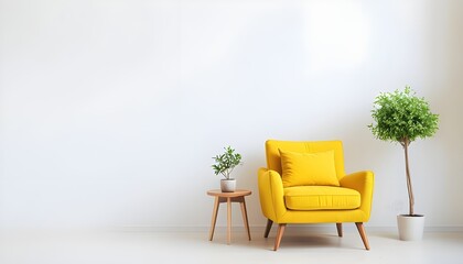 Fototapeta premium Image features a minimalist interior design style with a focus on simplicity and functionality. The layout includes a bright yellow armchair with a matching cushion, positioned slightly to the right 