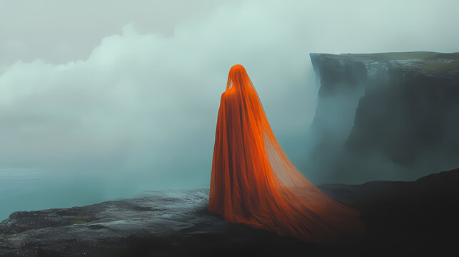 Back view of woman in a sheer orange veil overlooks a misty coastline, embodying ethereal elegance. generative ai. Ethereal. Illustration