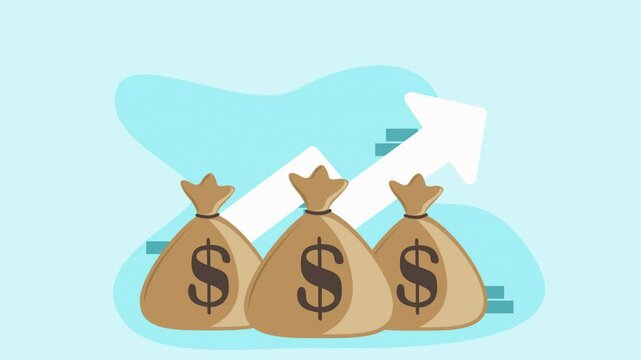 Three money bags rise with upward trending arrow depicting growth.