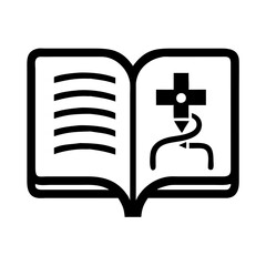 Open historical medical book icon with a cross and stethoscope on a white background