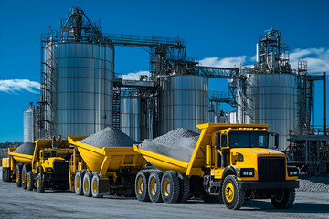 Yellow dump trucks loaded with gravel parked in front of large industrial storage tanks.