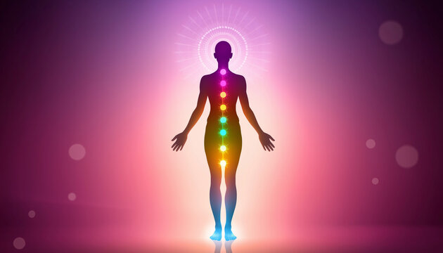 Silhouette of a person with chakra energy flow illuminated against vibrant gradient background: harmonious design representing spiritual balance and wellness