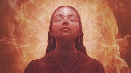 Divine feminine archetype radiating sacred geometry cosmic background ethereal glow spiritual symbolism. Ethereal. Illustration