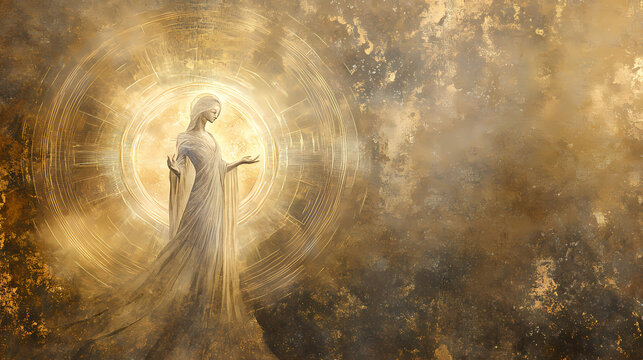 Divine feminine archetype radiating sacred geometry cosmic background ethereal glow spiritual symbolism. Ethereal. Illustration