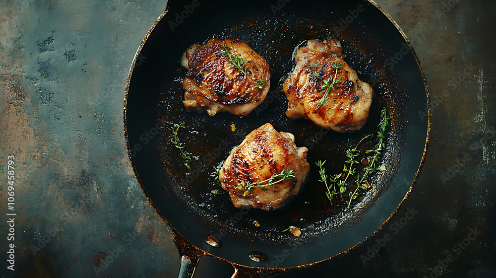 Poster grilled chicken thighs in a frying pan with fresh thyme, view from above, flatlay, empty space