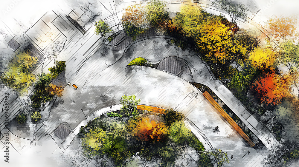 Poster master plan of urban landscape design or urban architecture drawing add rough sketch style by hand c