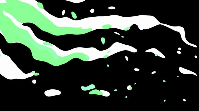 Abstract art features green black white wavy stripes and dots.