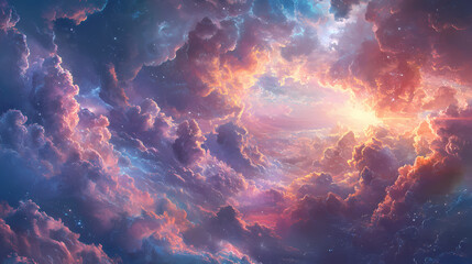 Fototapeta premium Ethereal cloudscape radiating heavenly light at sunset. Ethereal. Illustration