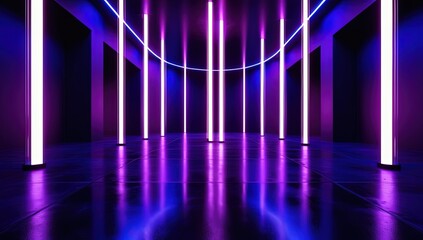 Futuristic space with glowing neon lights and reflective floor.